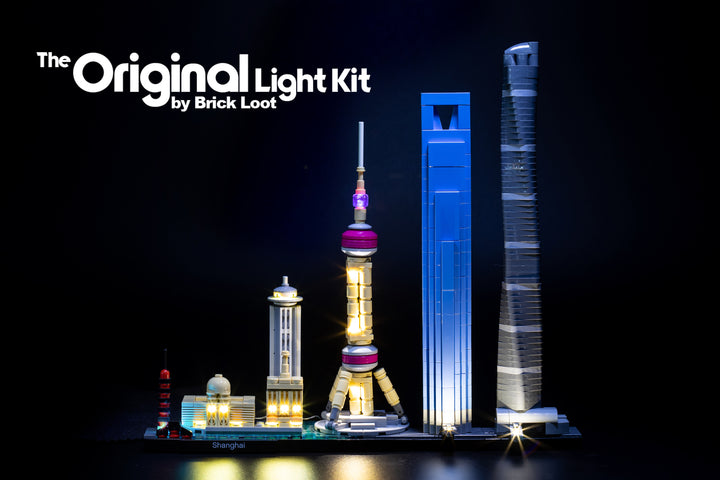 LEGO Architecture Shanghai set 21039 with the beautiful Brick Loot LED Light Kit installed.