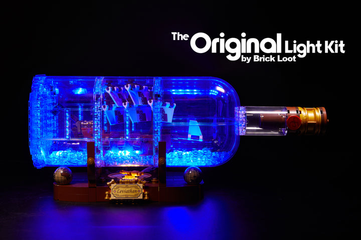 LEGO Ship in a Bottle set 21313, beautifully illuminated with the Brick Loot LED Light kit.