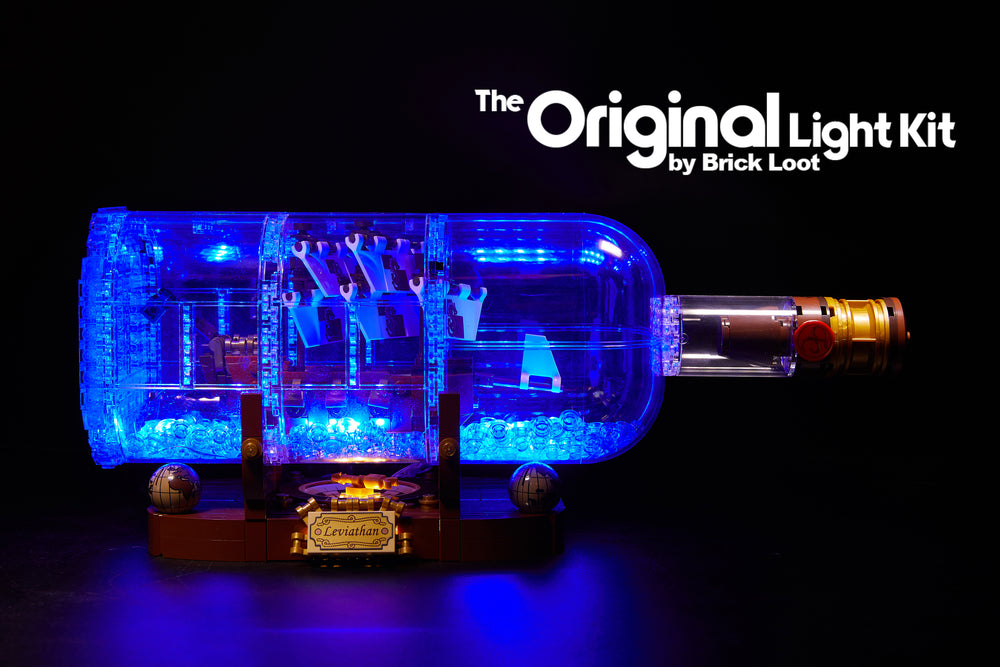 LEGO Ship in a Bottle set 21313, beautifully illuminated with the Brick Loot LED Light kit.