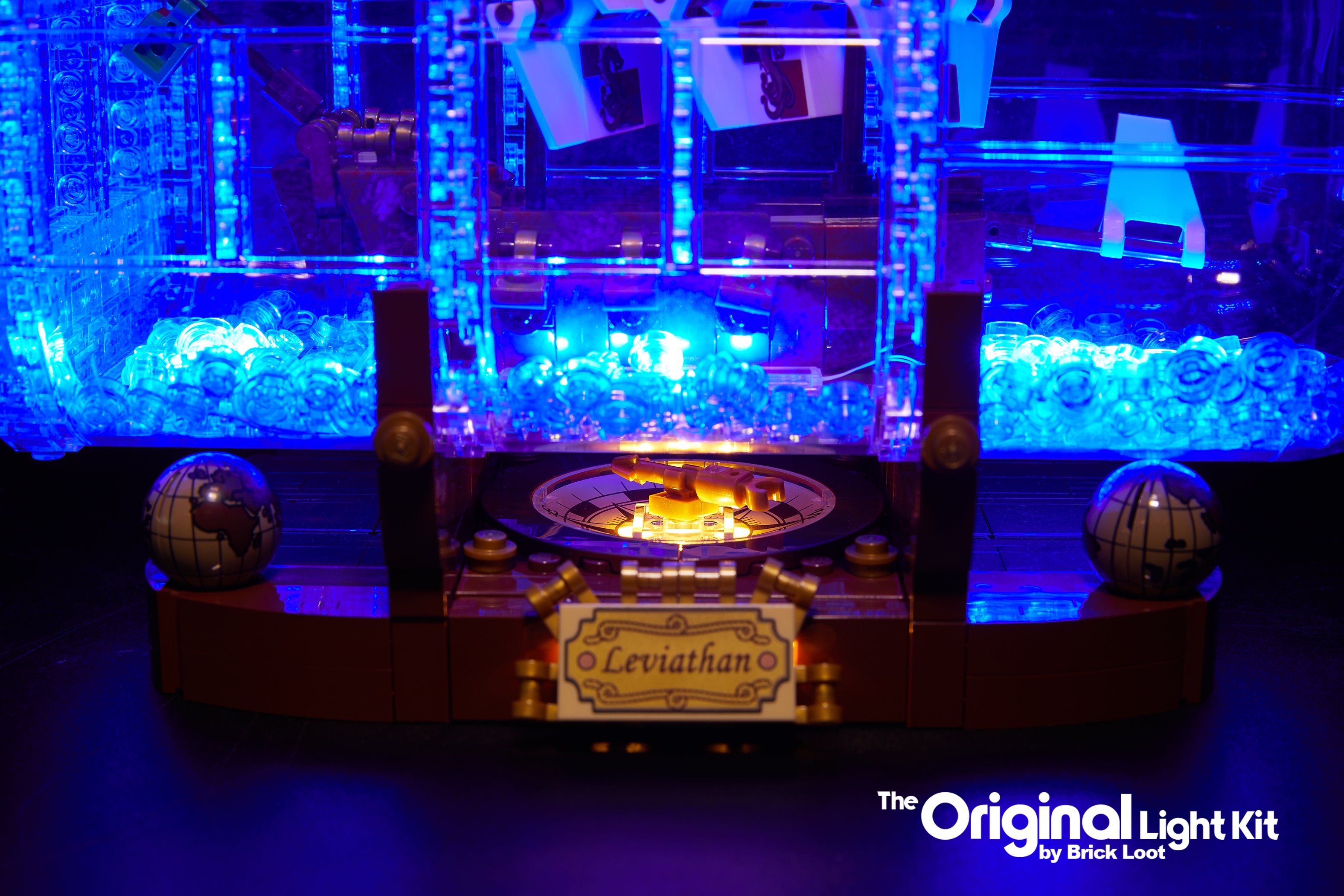 CLose-up of the LEGO Ship in a Bottle set 21313, beautifully illuminated with the Brick Loot LED Light kit.
