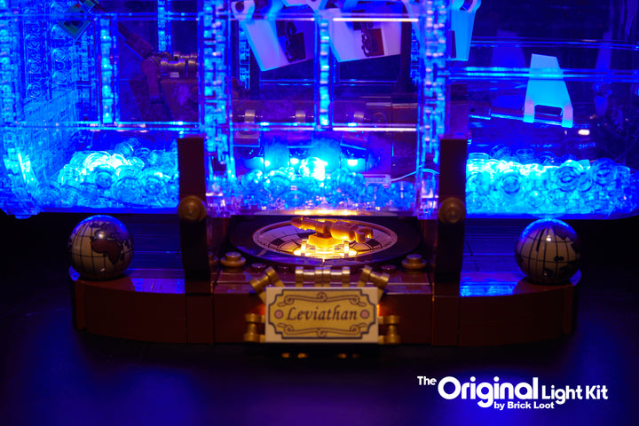 CLose-up of the LEGO Ship in a Bottle set 21313, beautifully illuminated with the Brick Loot LED Light kit.