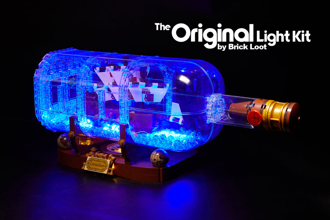 LEGO Ship in a Bottle set 21313, beautifully illuminated with the Brick Loot LED Light kit.