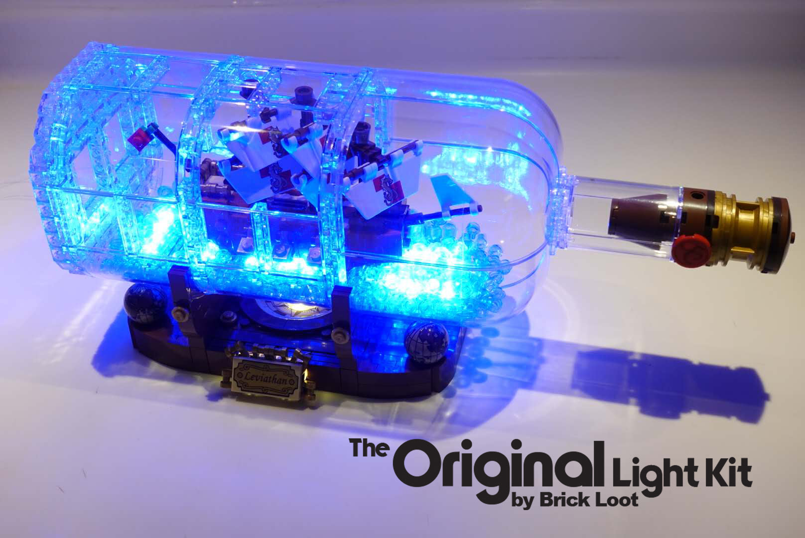 LEGO Ship in a Bottle set 21313, beautifully illuminated with the Brick Loot LED Light kit.