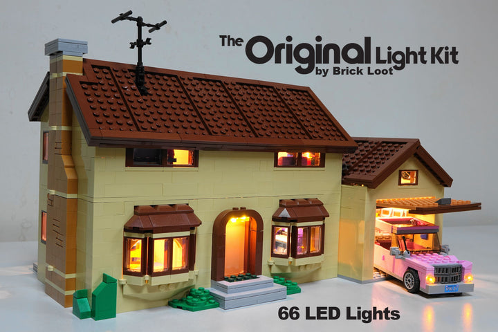 Exterior of the LEGO Simpsons House set 71006 with the Brick Loot LED Light Kit.
