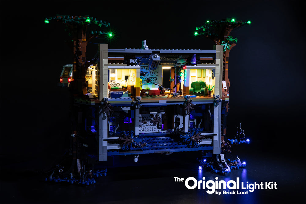 Inside of the LEGO Stranger Things The Upside Down set 75810, illuminated with the Brick Loot LED Light Kit.