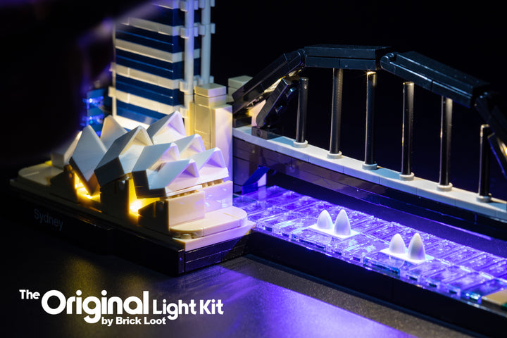 Close-up of the LEGO Architecture Sydney Skyline set 21032, illuminated with the Brick Loot LED Light Kit. 