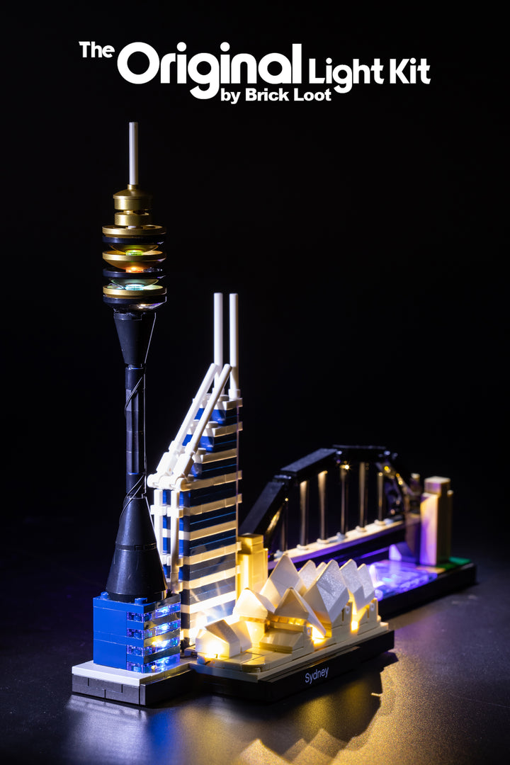 LEGO Architecture Sydney Skyline set 21032, illuminated with the Brick Loot LED Light Kit. 