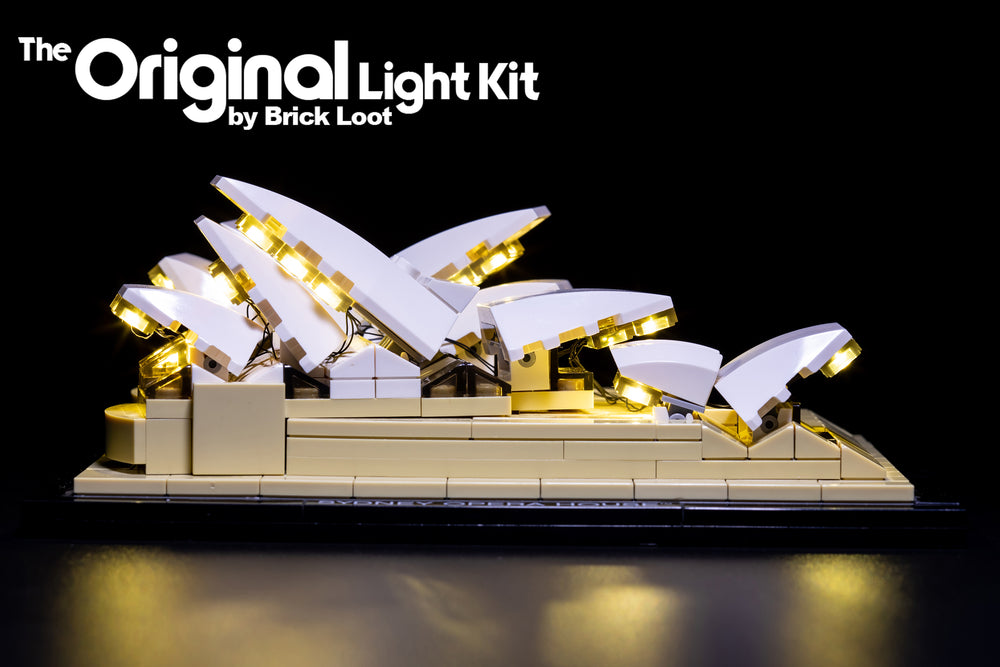 Side view of the LEGO Architecture Sydney Opera House set 21012, illuminated with the Brick Loot LED Light Kit.