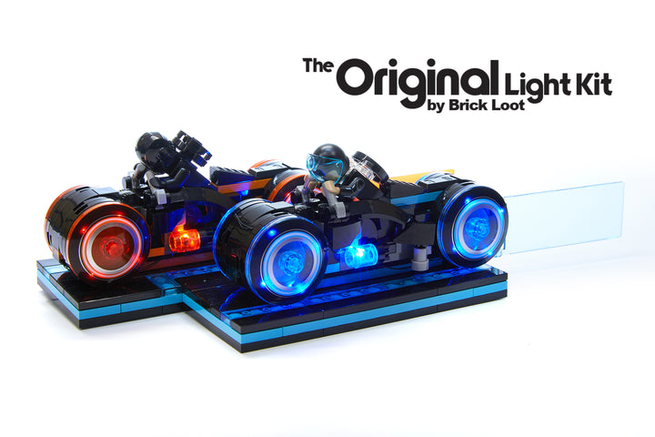 LEGO Tron Legacy set 21314 with the Brick Loot LED Light Kit installed with brilliant red and blue LED lights. 