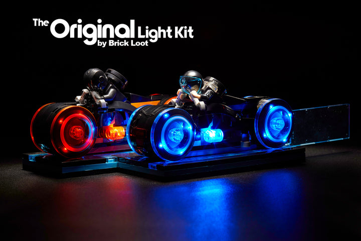 LEGO Tron Legacy set 21314 with the Brick Loot LED Light Kit installed with brilliant red and blue LED lights. 