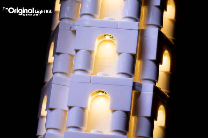 Close-up of the LEGO Architecture Leaning Tower of Pisa set 21015, brilliantly illuminated with the custom Brick Loot LED Light Kit! 