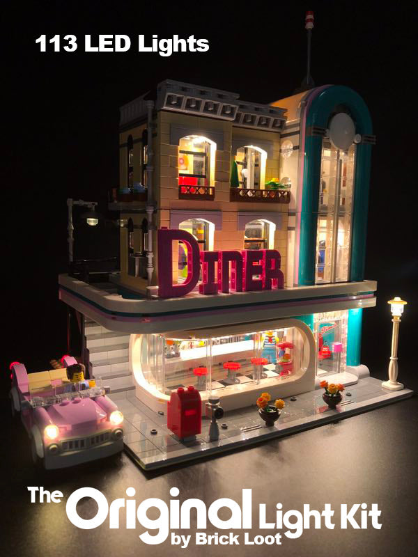 LEGO Downtown Diner set 10260, brilliantly illuminated with the Brick Loot LED light kit!