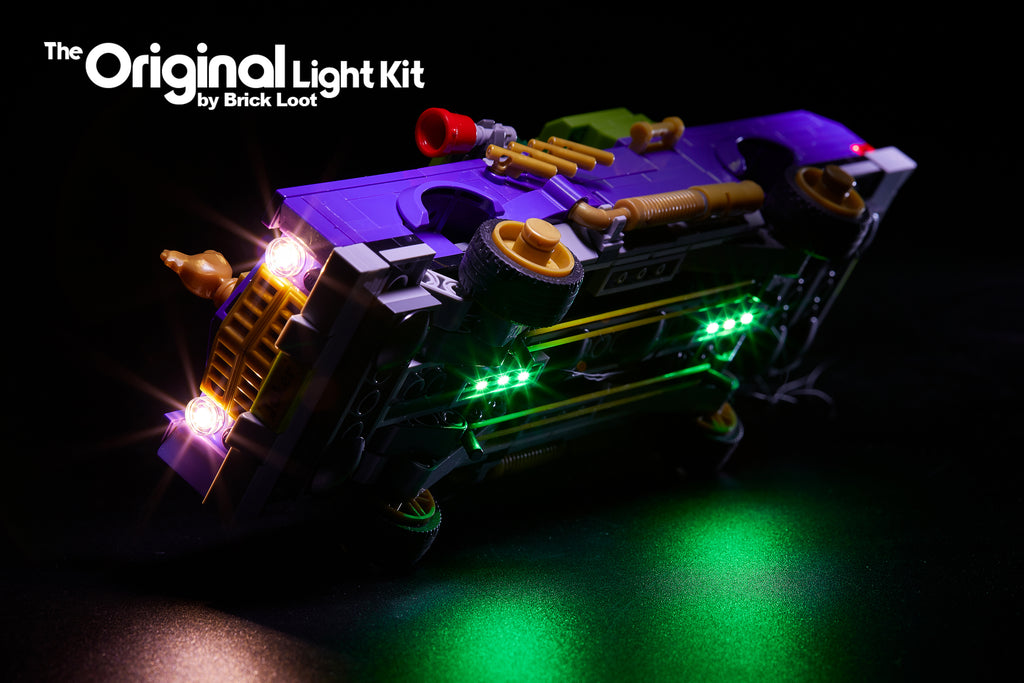 Undercarriage view of the LEGO Batman Movie The Joker Notorious Lowrider car set 70906 with the Brick Loot LED Light Kit installed.