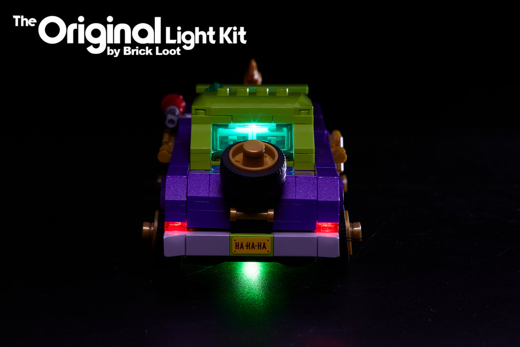 Back view of the LEGO Batman Movie The Joker Notorious Lowrider set 70906 with the Brick Loot LED Light Kit installed.