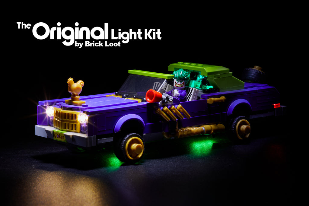LEGO Batman Movie The Joker Notorious Lowrider car set 70906 with the Brick Loot LED Light Kit installed.