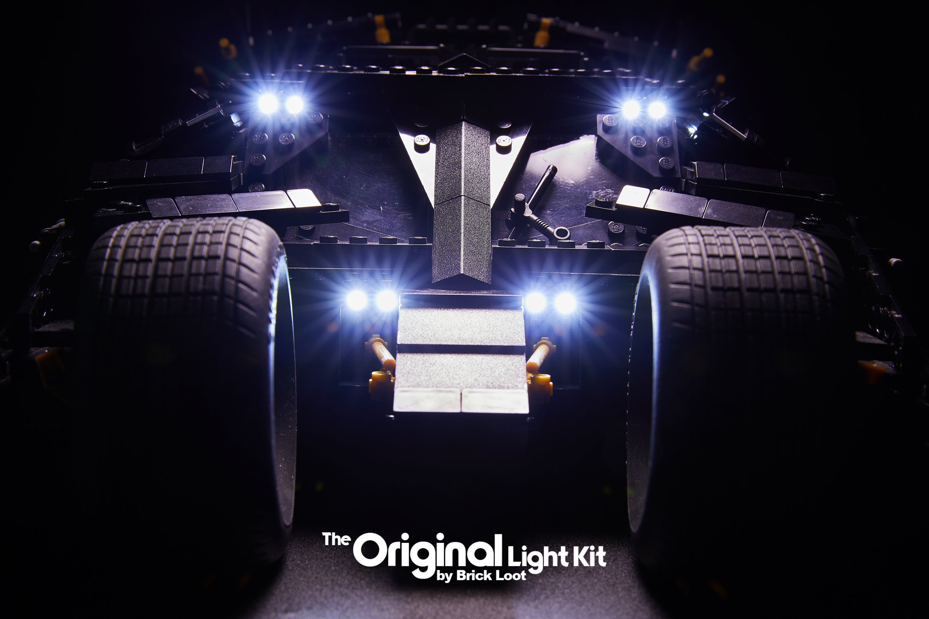 Close up of the LEGO Batman Tumbler set 76023 with the Brick Loot LED Light Kit. 