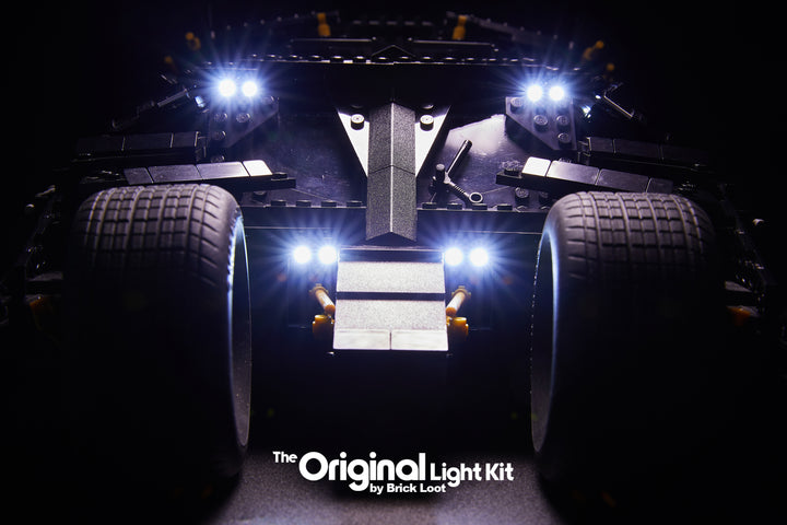 Close up of the LEGO Batman Tumbler set 76023 with the Brick Loot LED Light Kit. 