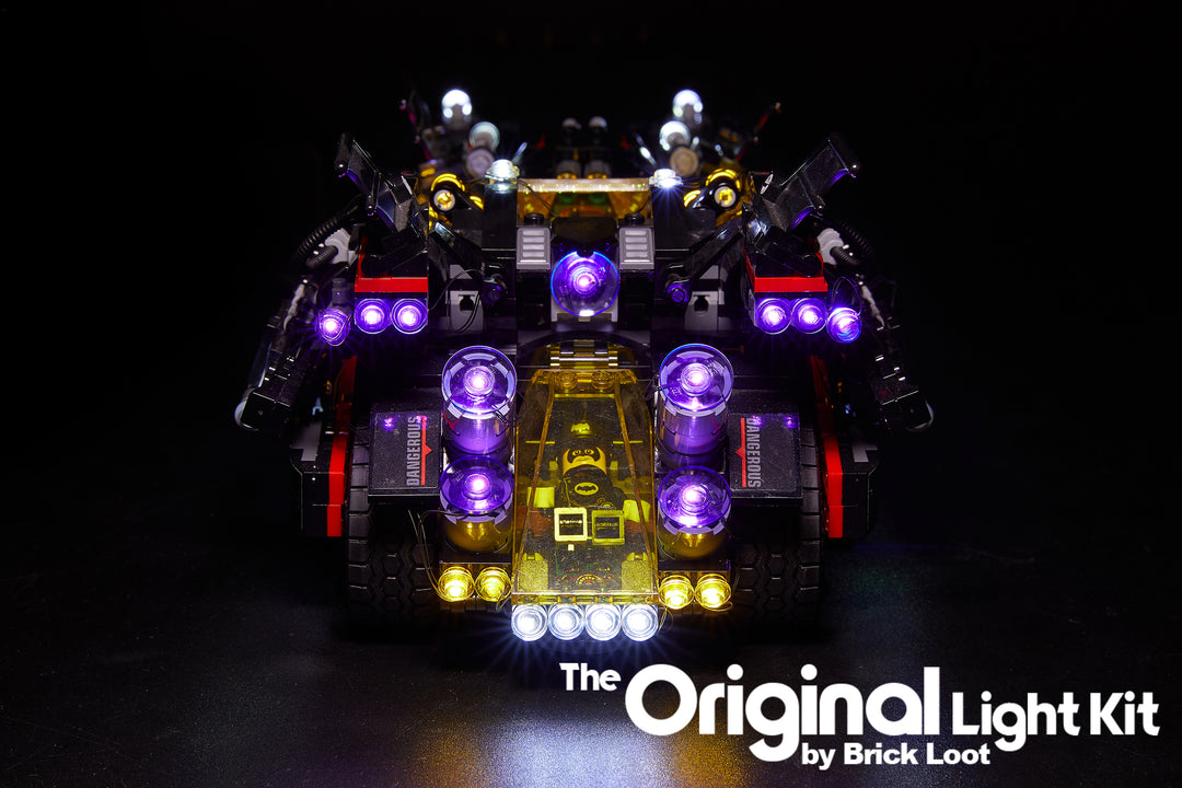 Rear view of the super cool LEGO The Batman Movie - The Ultimate Batmobile with the Brick Loot LED Light Kit.