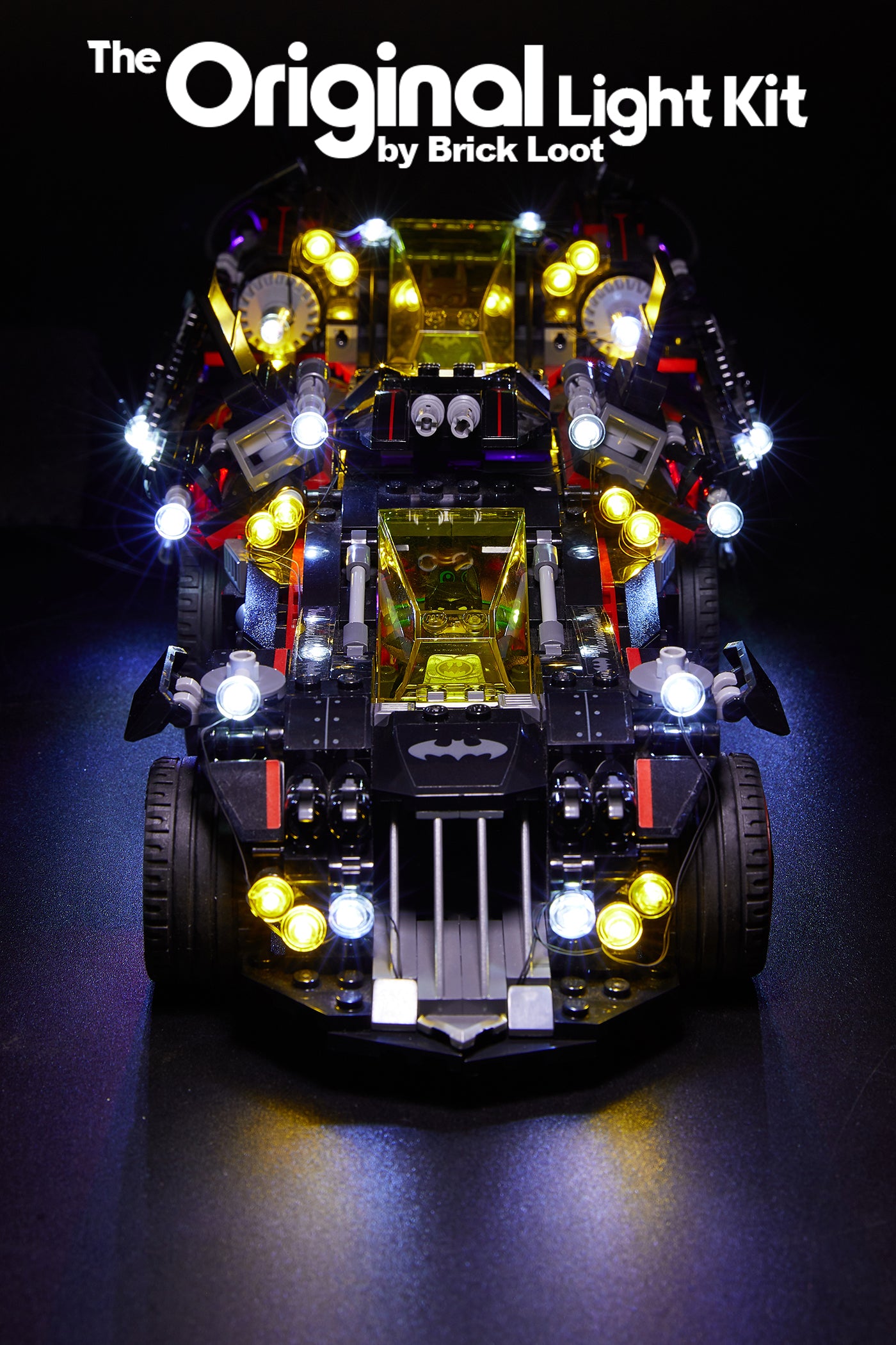 Top view of the super cool LEGO The Batman Movie - The Ultimate Batmobile with the Brick Loot LED Light Kit.