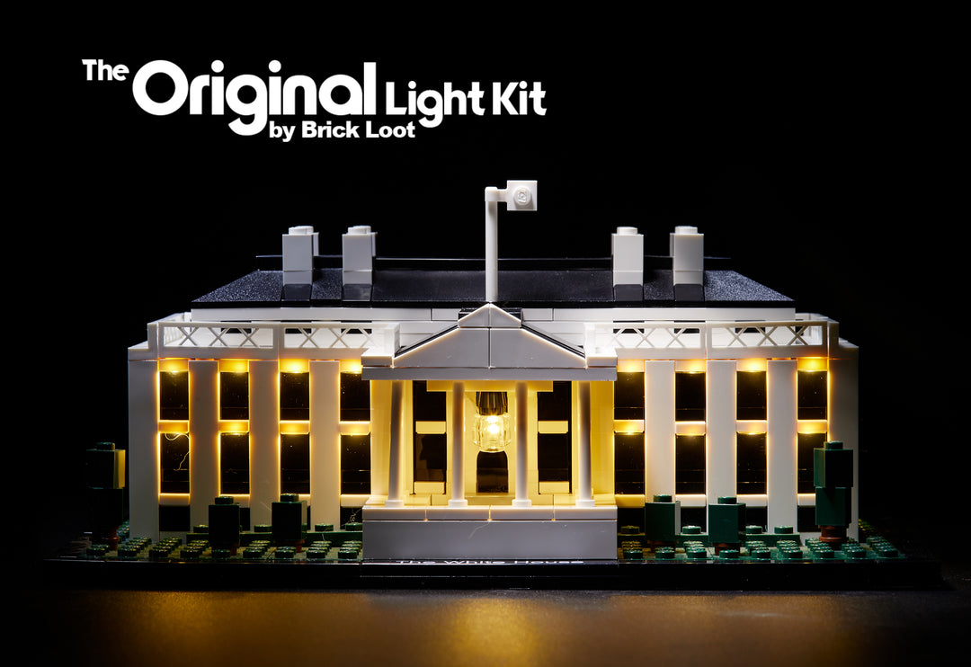 LEGO Architecture The White House set 21006, fully illuminated with the Brick Loot custom LED Light Kit.