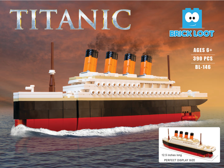 Brick Loot Large Titanic Ship Model made with 390 bricks featuring a moveable rudder - compatible with LEGO and major brand bricks