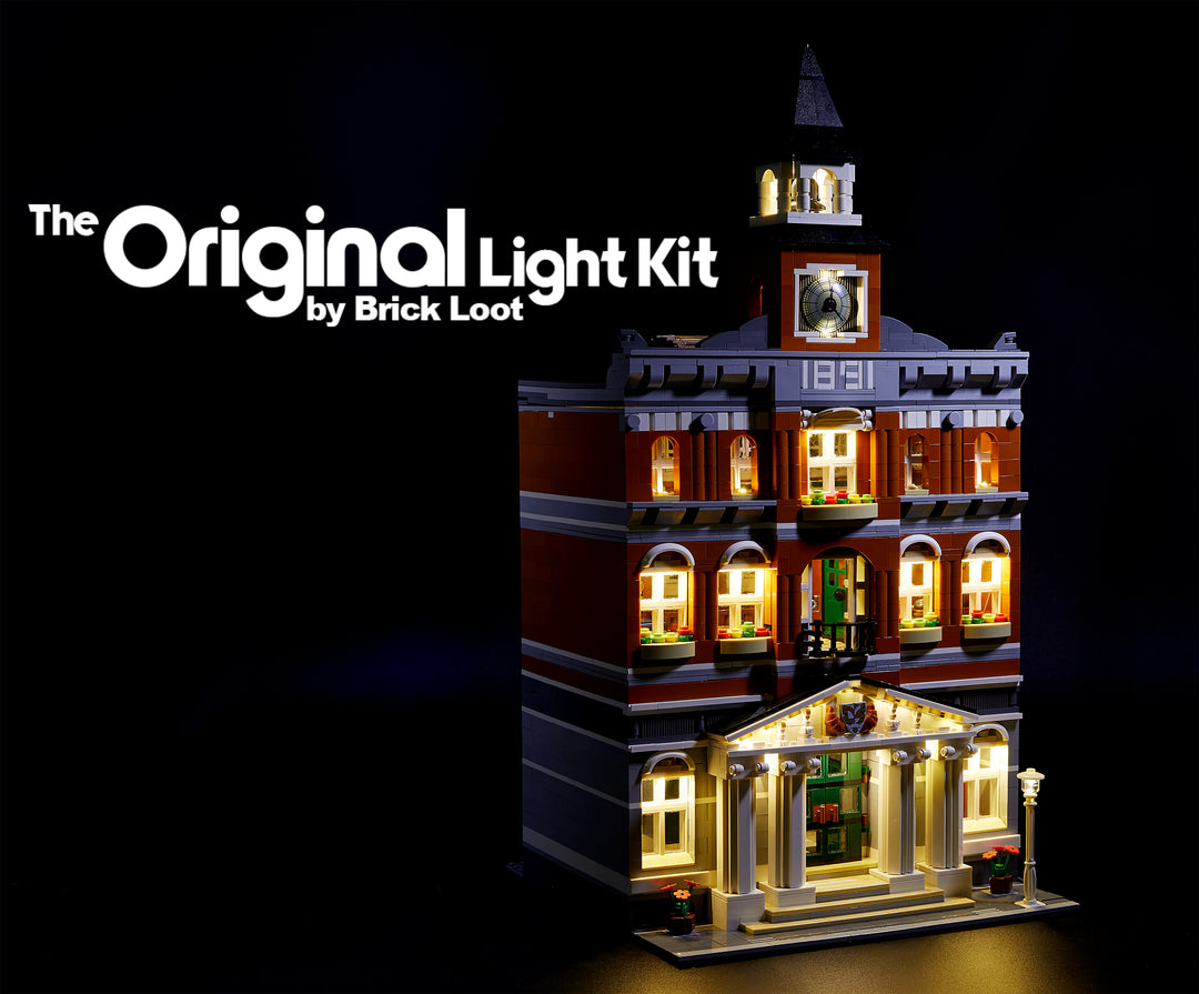 LEGO Town Hall set 10224 with the custom Brick Loot LED Lighting Kit installed. Brilliant in the dark!