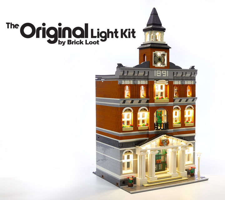 LEGO Town Hall set 10224 with the custom Brick Loot LED Lighting Kit installed. Brilliant on display even during the day!!
