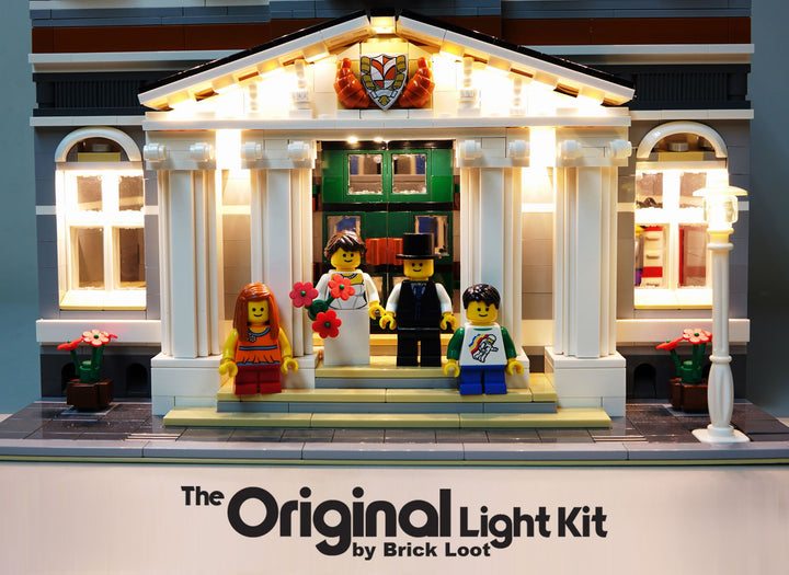 Close up of the LEGO Town Hall set 10224, lit up with the Brick Loot LED kit with 82 LED lights. 