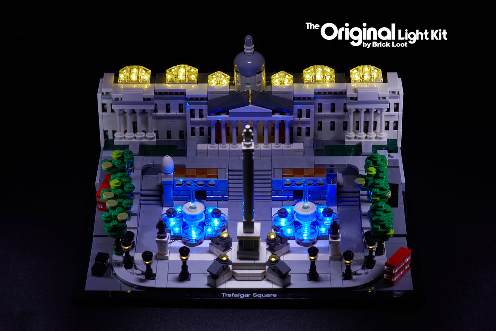 LEGO Architecture Trafalgar Square set 21045, beautifully illuminated with the Brick Loot LED Light Kit. 
