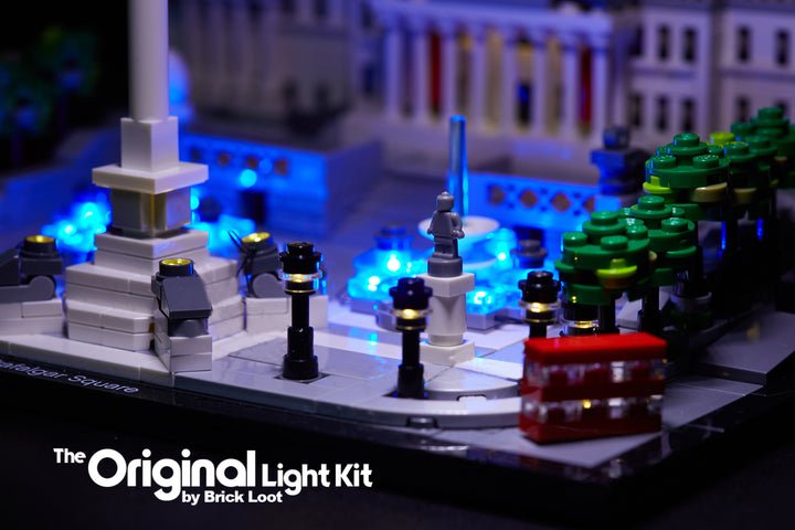Close-up of the LEGO Architecture Trafalgar Square set 21045, beautifully illuminated with the Brick Loot LED Light Kit. 