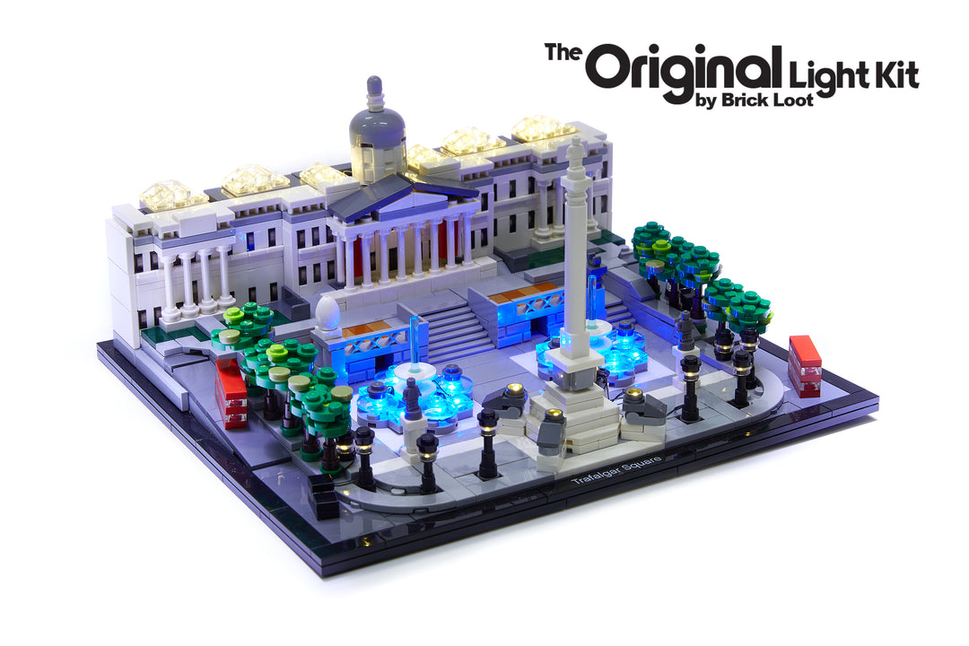 LEGO Architecture Trafalgar Square set 21045, beautifully illuminated with the Brick Loot LED Light Kit. 