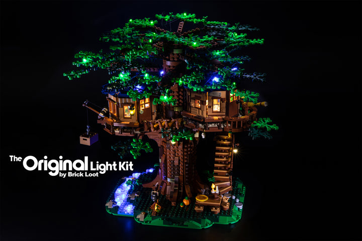 LEGO Ideas Tree House set 21318, fully illuminated with the Brick Loot LED Light Kit.