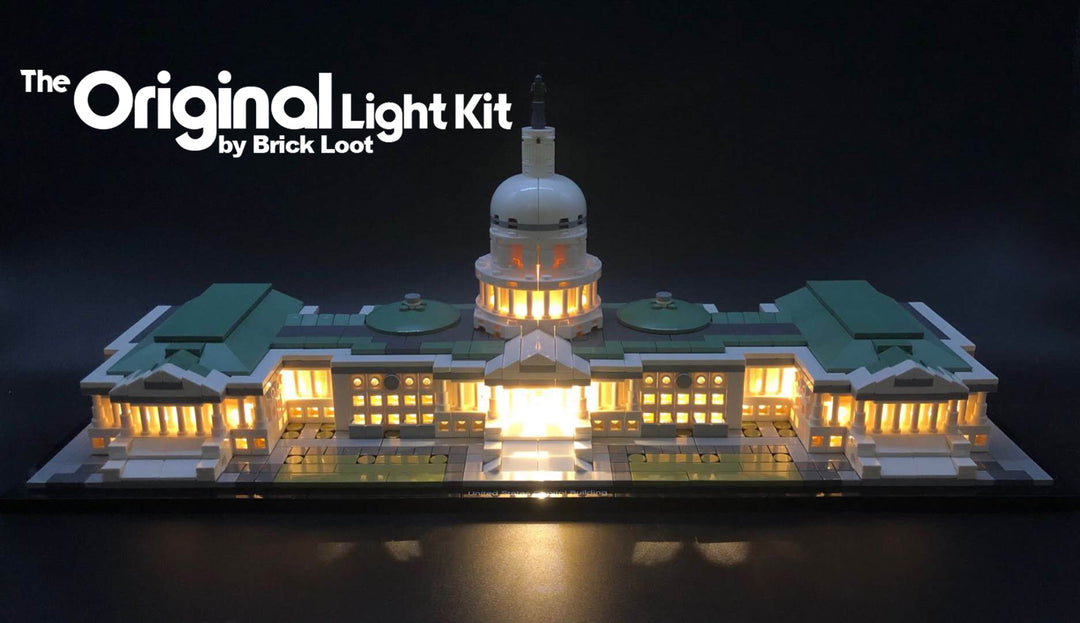 LEGO Architecture United States Capitol Building set 21030, fully illuminated by the Brick Loot LED Light Kit. 