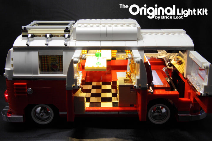 Brick Loot Lighting Kit installed on the LEGO VW Camper set 10220. LED kit includes brilliant interior lighting!