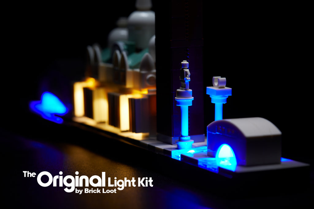 Close up of the LEGO Architecture Venice Skyline set 21026, illuminated with the Brick Loot LED Light Kit!