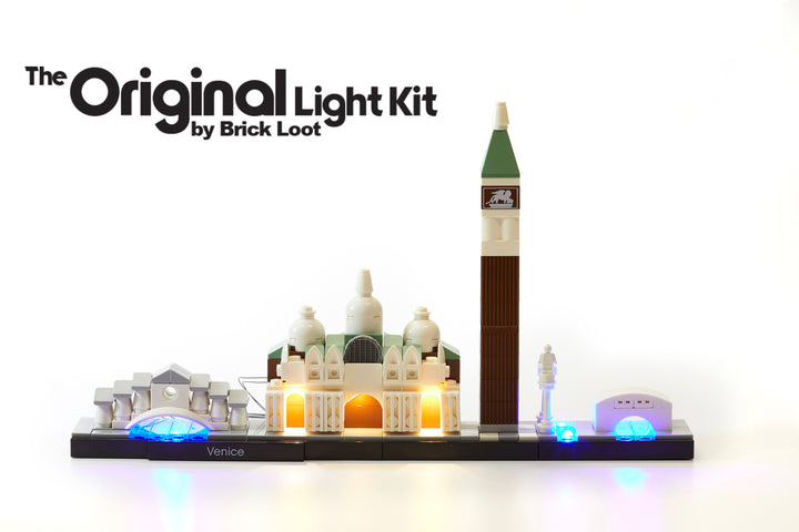 LEGO Architecture Venice Skyline set 21026, illuminated with the Brick Loot LED Light Kit. The LEDs are brilliant day and night!