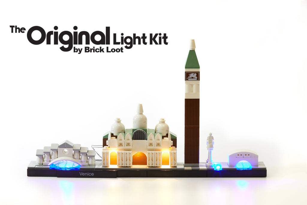 LEGO Architecture Venice Skyline set 21026, illuminated with the Brick Loot LED Light Kit. The LEDs are brilliant day and night!