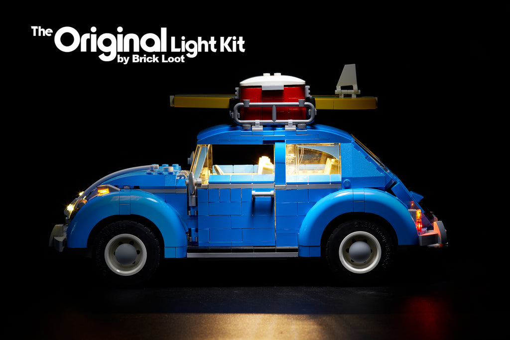 Brick Loot LED Light Kit installed on the blue LEGO Volkswagen VW Beetle 10252, side view.