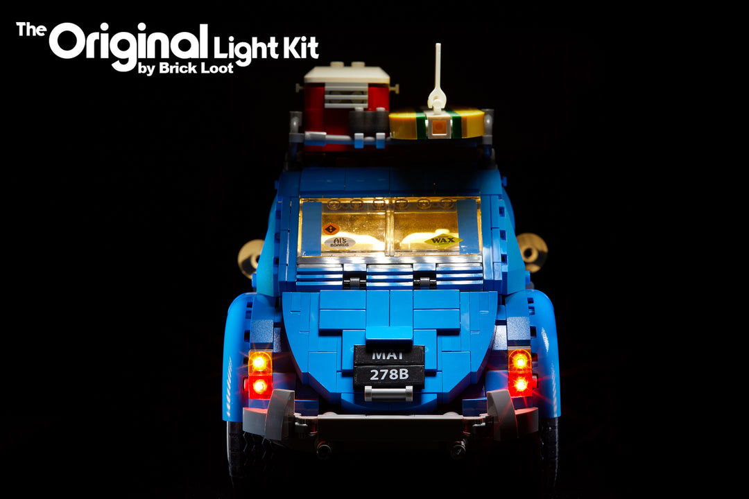 Brick Loot LED Light Kit installed on the blue LEGO Volkswagen VW Beetle 10252, rear view.