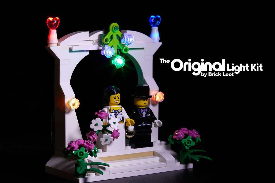 LEGO Wedding Favor Set 40165, illuminated with the custom Brick Loot LED Light Kit with colorful twinkling lights.