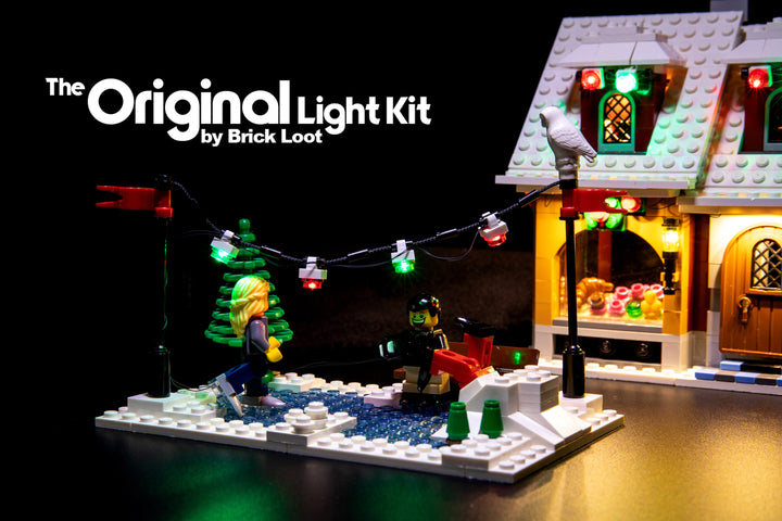 Close-up of the ice skating rink of the LEGO Creator Winter Village Bakery set 10216, beautifully illuminated with the Brick Loot LED Light kit.