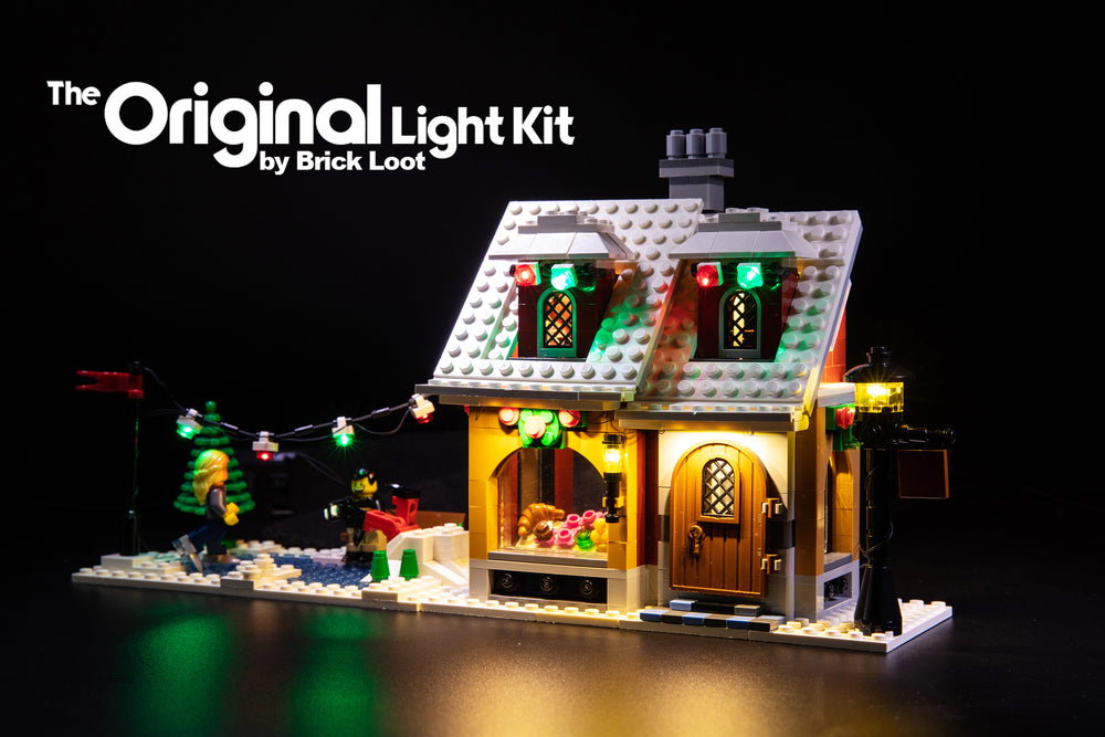 LEGO Creator Winter Village Bakery set 10216, beautifully illuminated with the Brick Loot LED Light kit.