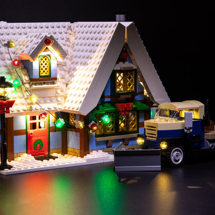 LEGO Winter Village Cottage set 10229, beautifully illuminated with the Brick Loot LED Light Kit.