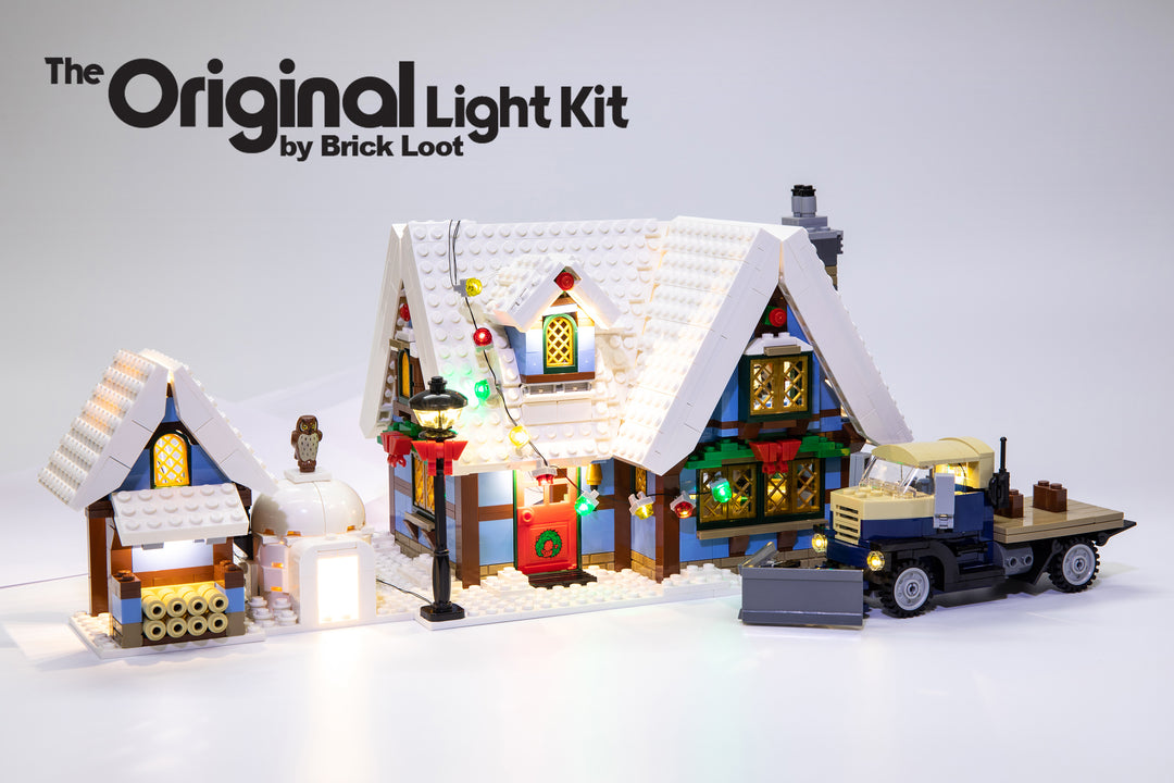 LEGO Winter Village Cottage set 10229, beautifully illuminated with the Brick Loot LED Light Kit.