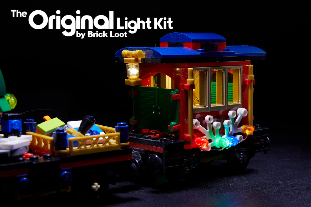 The passenger car of the LEGO Winter Holiday Train set 10254 with Brick Loot LED light kit installed. Brilliant during the day and at night!