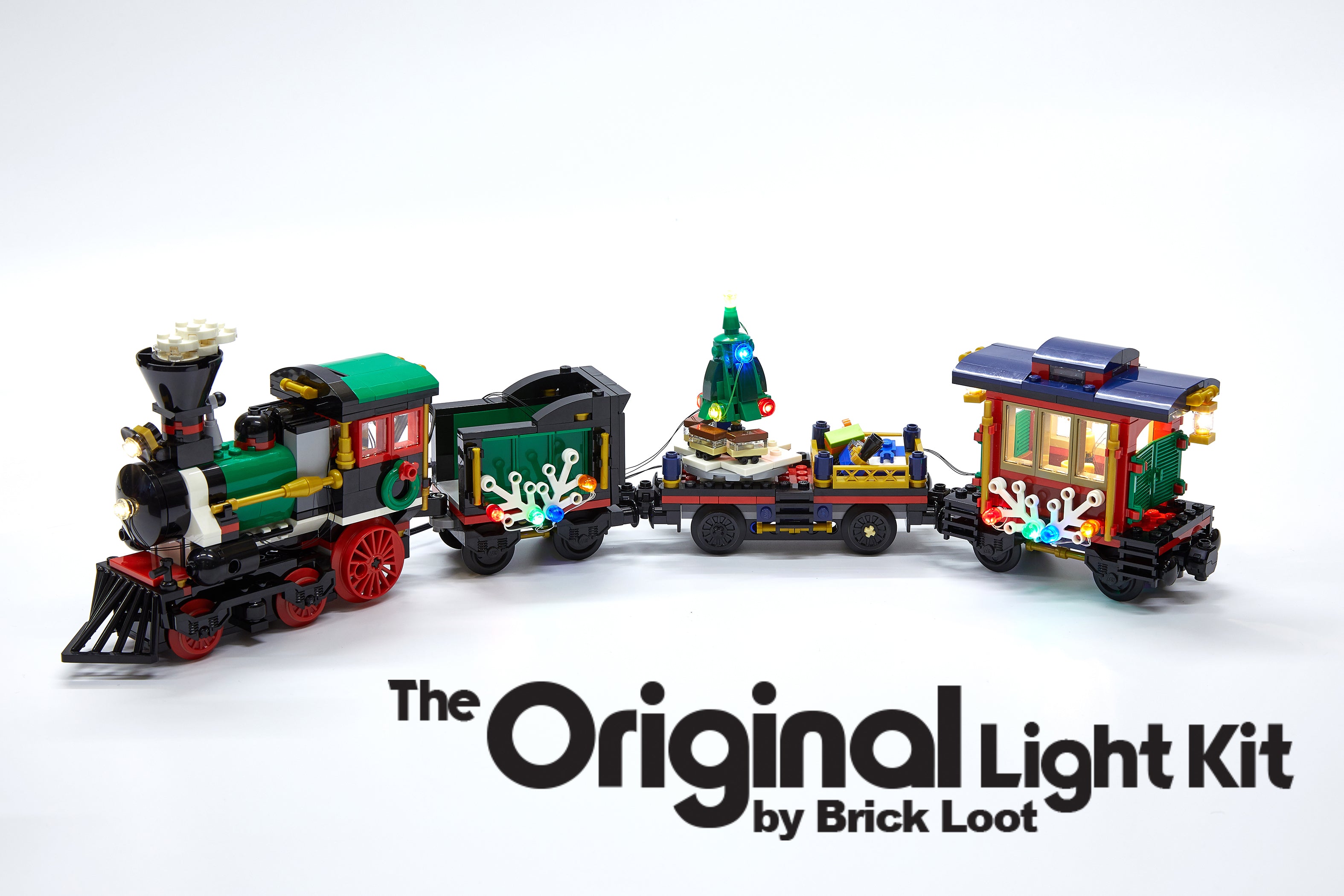 LEGO Winter Holiday Train set 10254 with Brick Loot LED light kit installed. Brilliant during the day and at night!