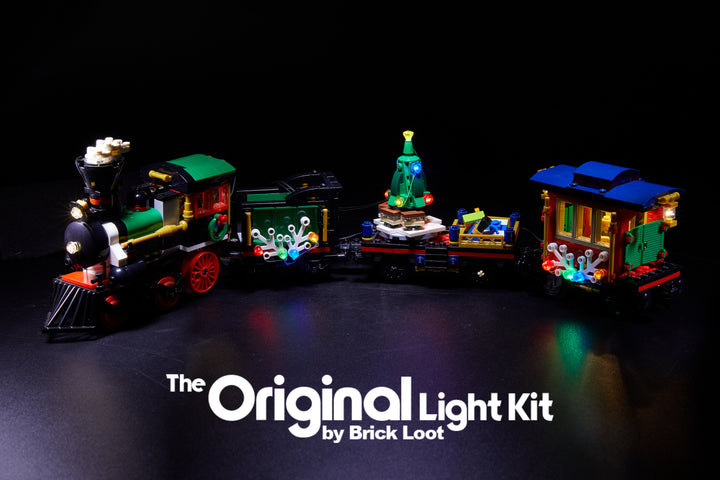 LEGO Winter Holiday Train set 10254 with Brick Loot LED light kit installed. Brilliant lights inside and outside the cars!