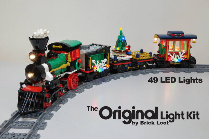 LEGO Winter Holiday Train set 10254 with Brick Loot LED light kit installed. Brilliant during the day and at night!