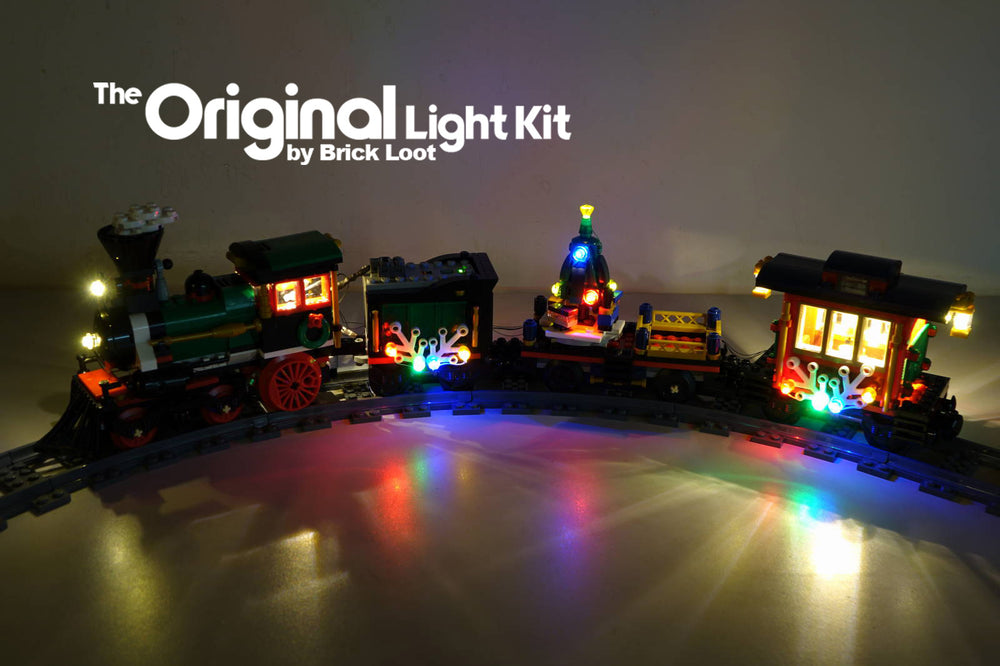 LEGO Winter Holiday Train set 10254 with Brick Loot LED light kit installed. Brilliant during the day and at night!