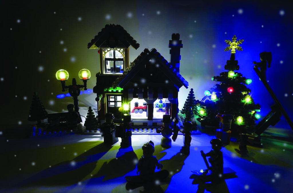 Brick Loot Custom LED light kit for the LEGO Winter Toy Shop set 10249. It is beautiful for a Christmas display and fun for play!